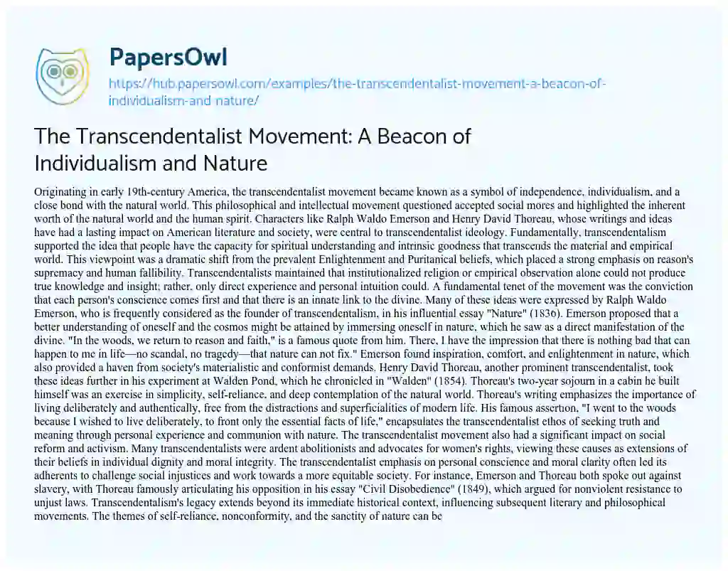 Essay on The Transcendentalist Movement: A Beacon of Individualism and Nature