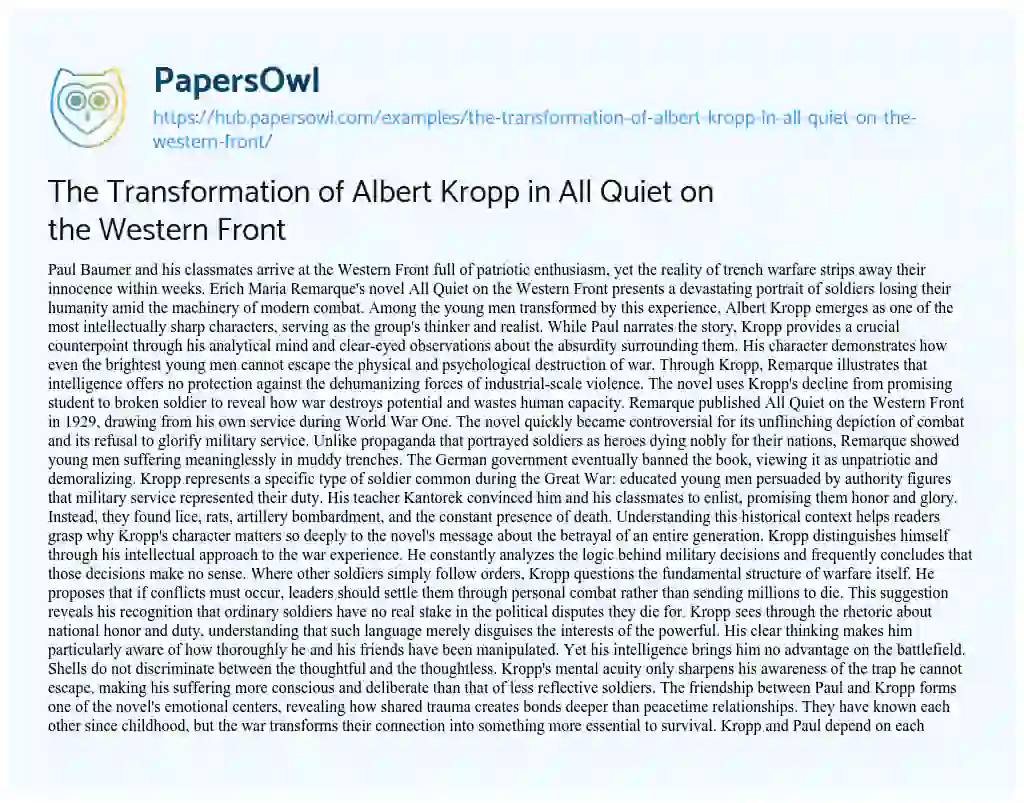 Essay on The Transformation of Albert Kropp in All Quiet on the Western Front