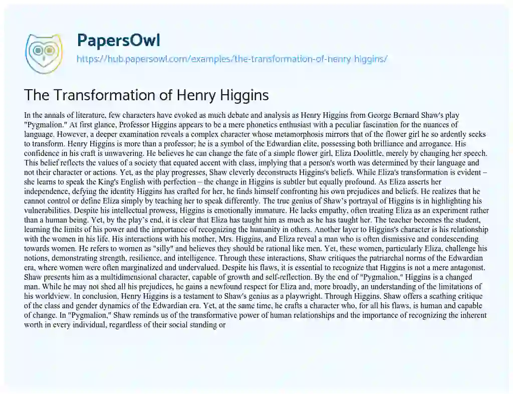 Essay on The Transformation of Henry Higgins