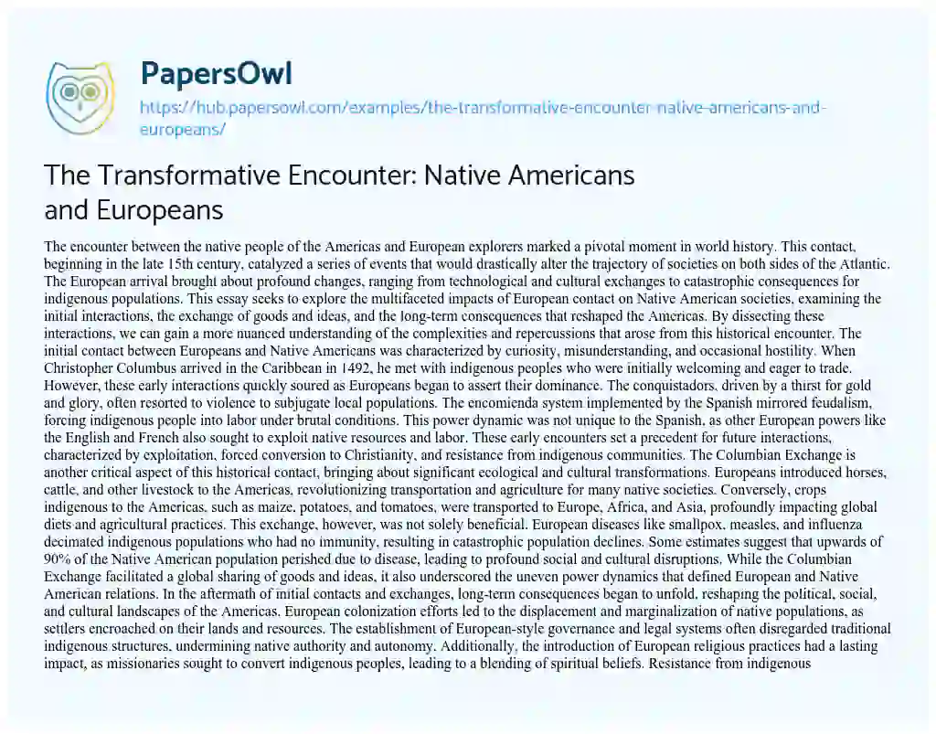 Essay on The Transformative Encounter: Native Americans and Europeans