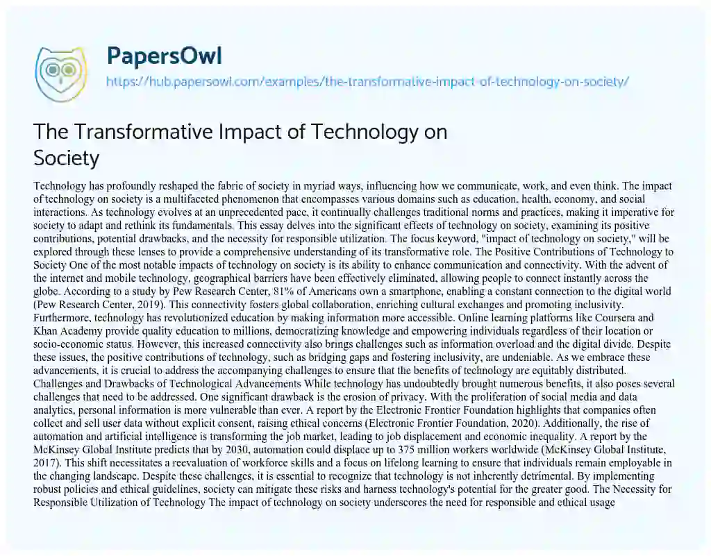 Essay on The Transformative Impact of Technology on Society