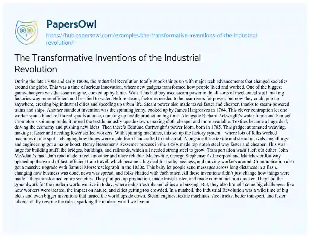 Essay on The Transformative Inventions of the Industrial Revolution