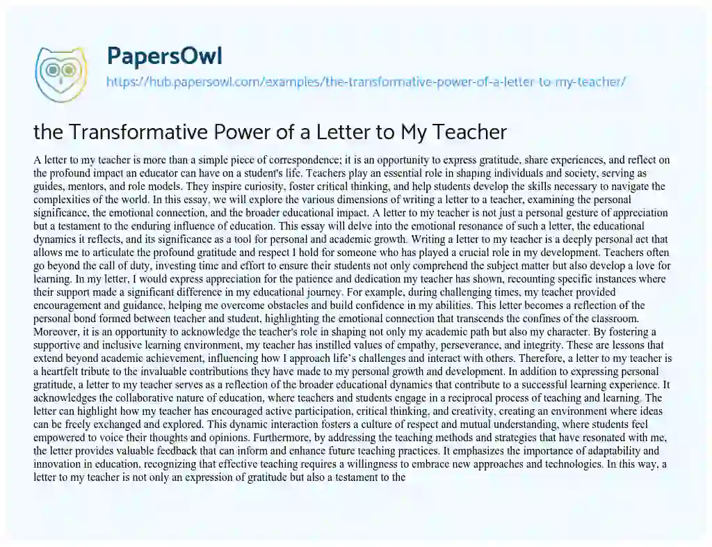 Essay on the Transformative Power of a Letter to My Teacher