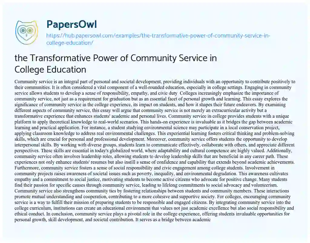 Essay on the Transformative Power of Community Service in College Education