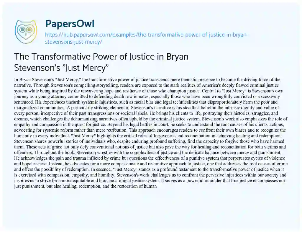 Essay on The Transformative Power of Justice in Bryan Stevenson’s “Just Mercy”
