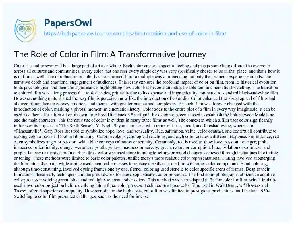 Essay on The Role of Color in Film: A Transformative Journey