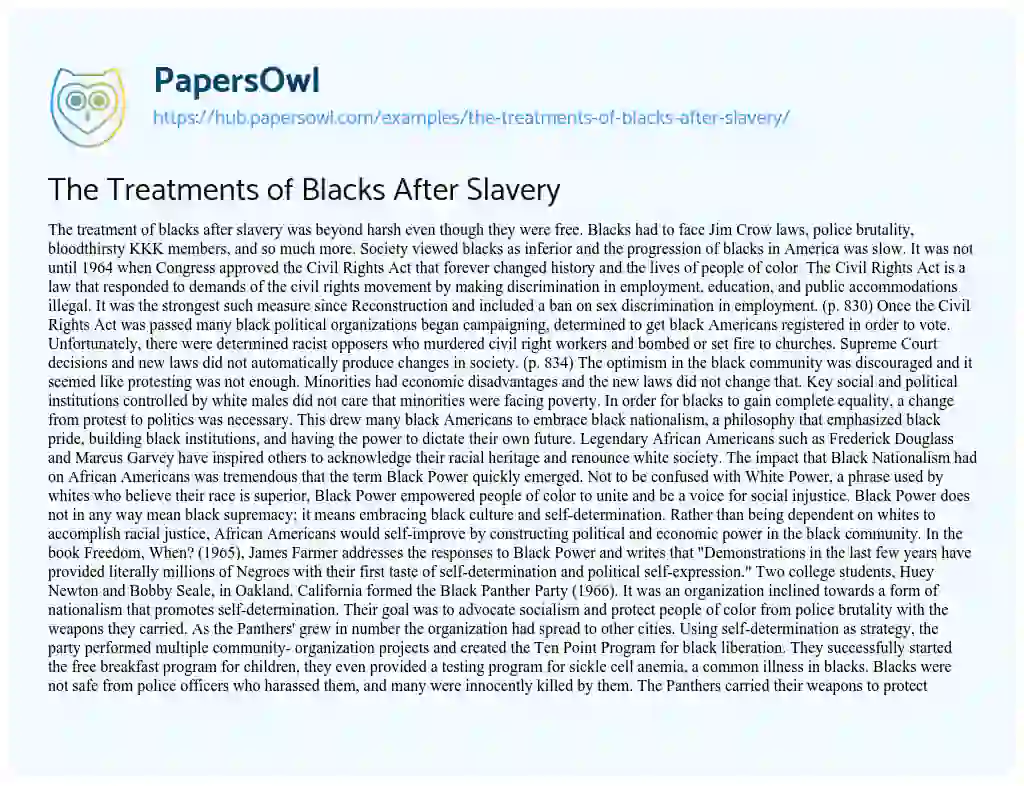 Essay on The Treatments of Blacks After Slavery