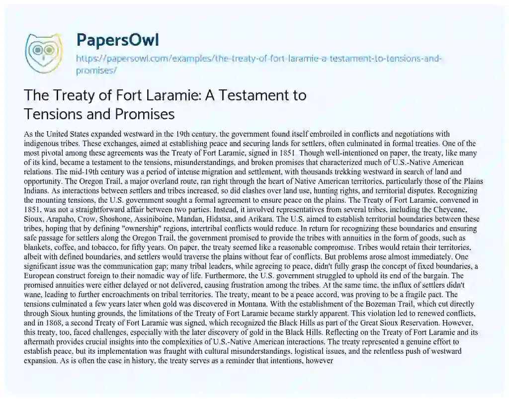 Essay on The Treaty of Fort Laramie: A Testament to Tensions and Promises
