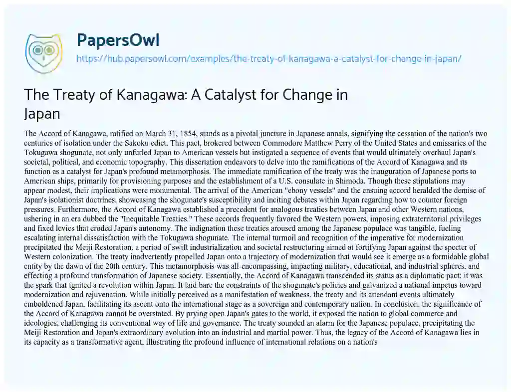 Essay on The Treaty of Kanagawa: A Catalyst for Change in Japan
