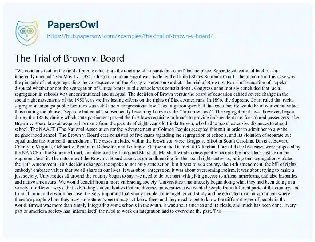Essay on The Trial of Brown v. Board