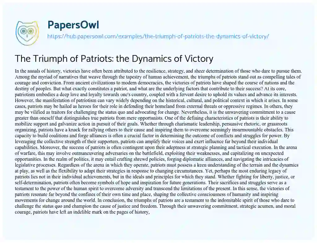 Essay on The Triumph of Patriots: the Dynamics of Victory