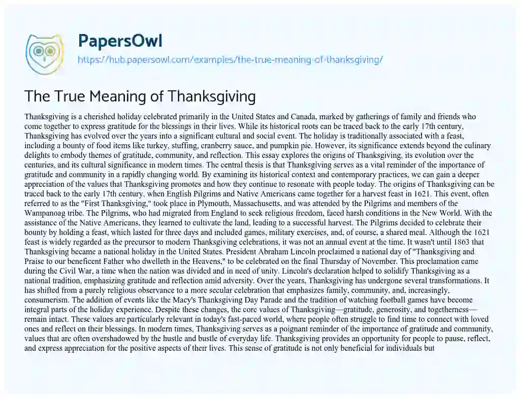 Essay on The True Meaning of Thanksgiving