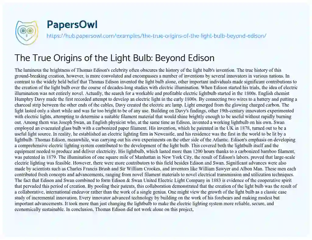 Essay on The True Origins of the Light Bulb: Beyond Edison