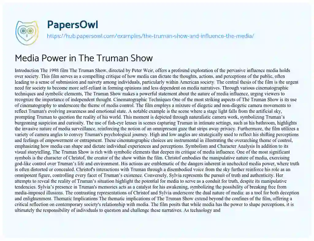 Essay on Media Power in The Truman Show