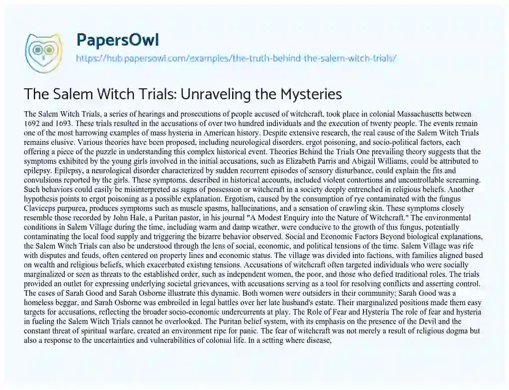 Essay on The Salem Witch Trials: Unraveling the Mysteries