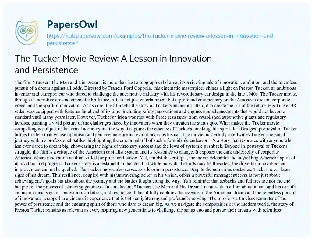 Essay on The Tucker Movie Review: A Lesson in Innovation and Persistence