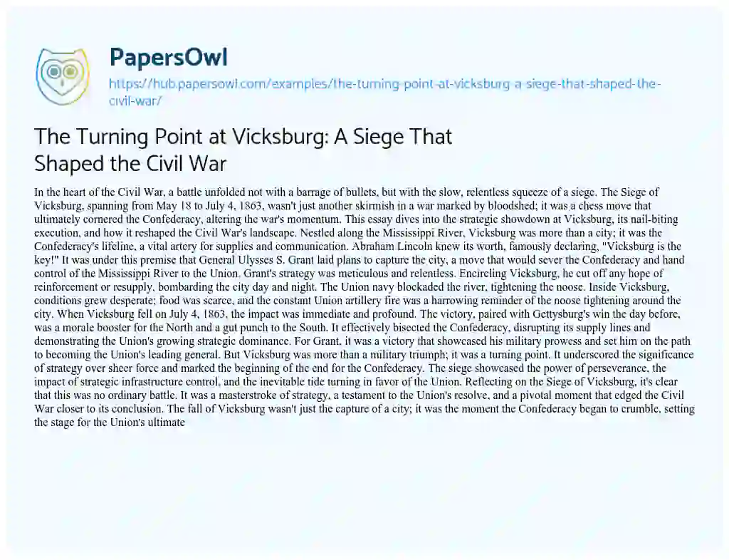 Essay on The Turning Point at Vicksburg: A Siege That Shaped the Civil War