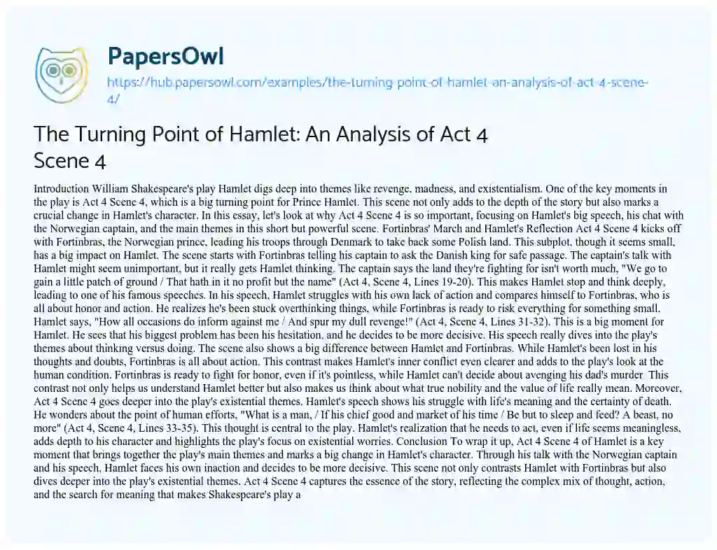 Essay on The Turning Point of Hamlet: An Analysis of Act 4 Scene 4