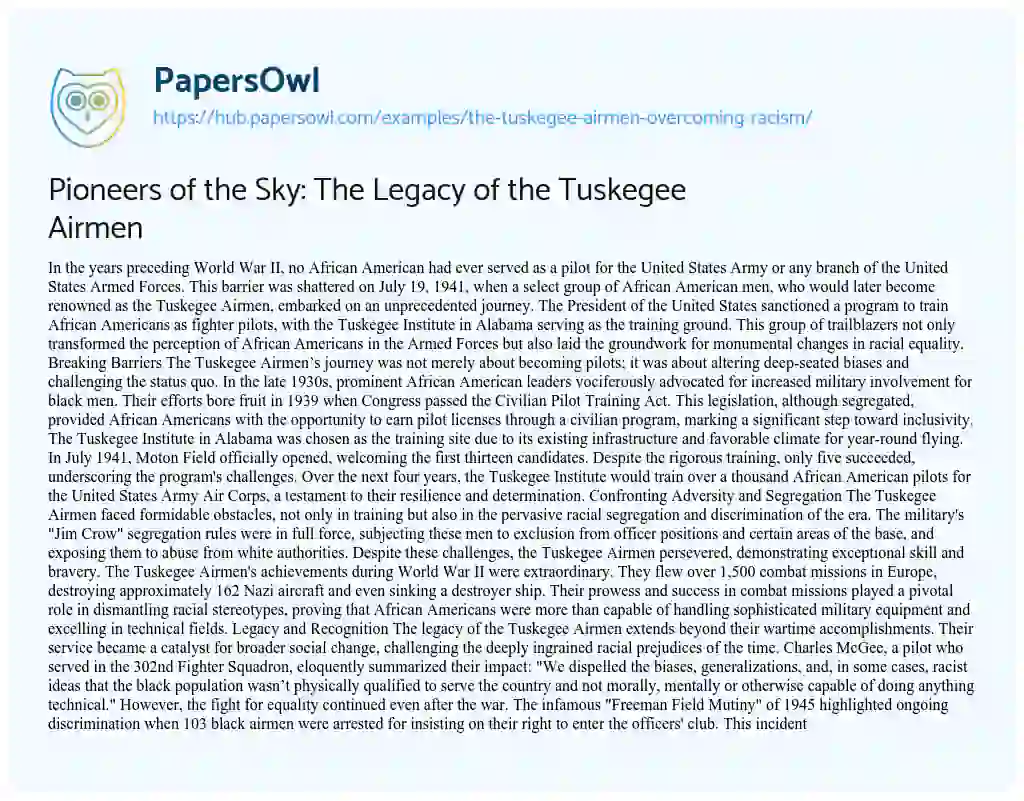 Essay on Pioneers of the Sky: The Legacy of the Tuskegee Airmen