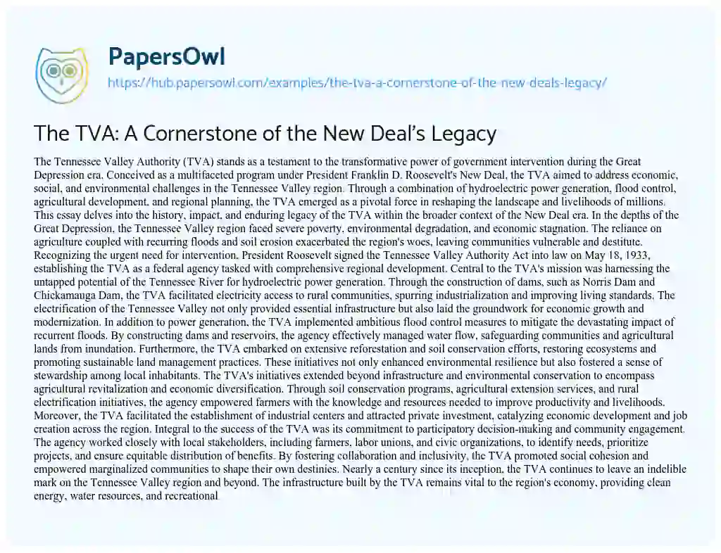 Essay on The TVA: A Cornerstone of the New Deal’s Legacy