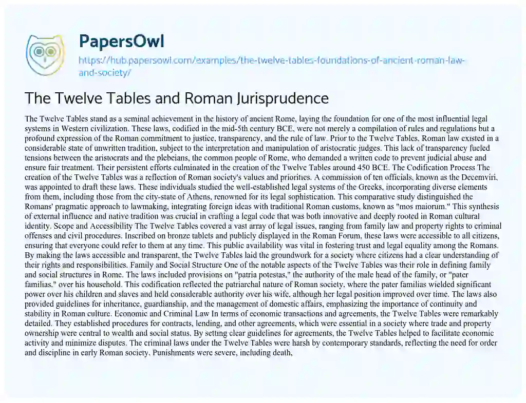 Essay on The Twelve Tables and Roman Jurisprudence