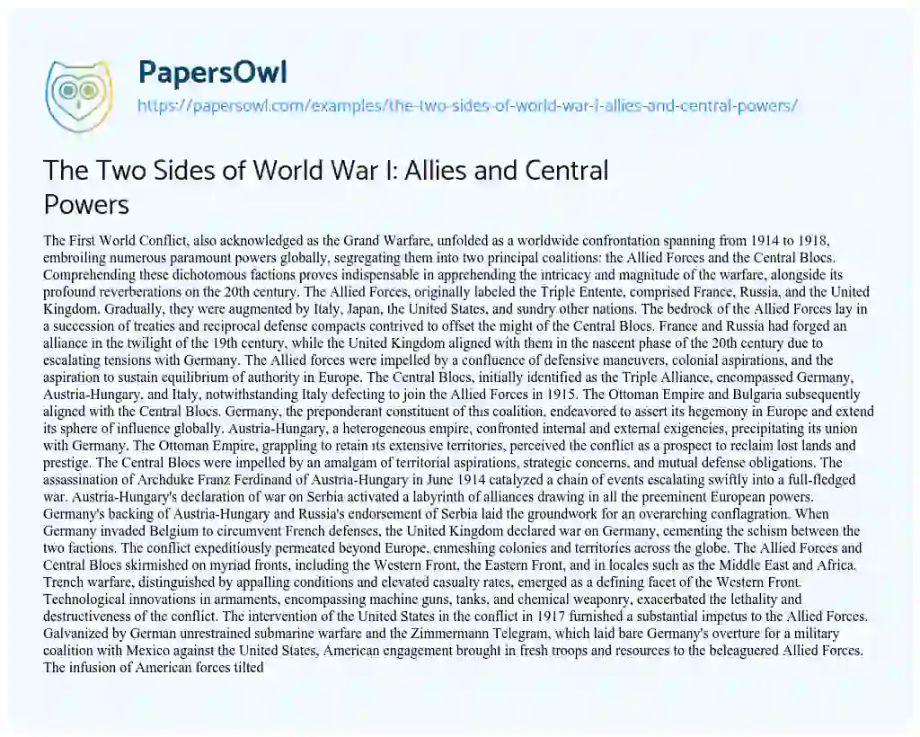 Essay on The Two Sides of World War I: Allies and Central Powers