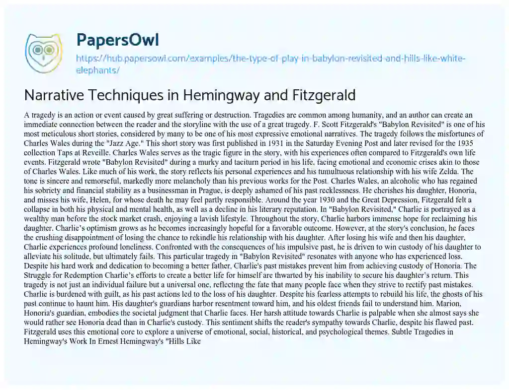 Essay on Narrative Techniques in Hemingway and Fitzgerald