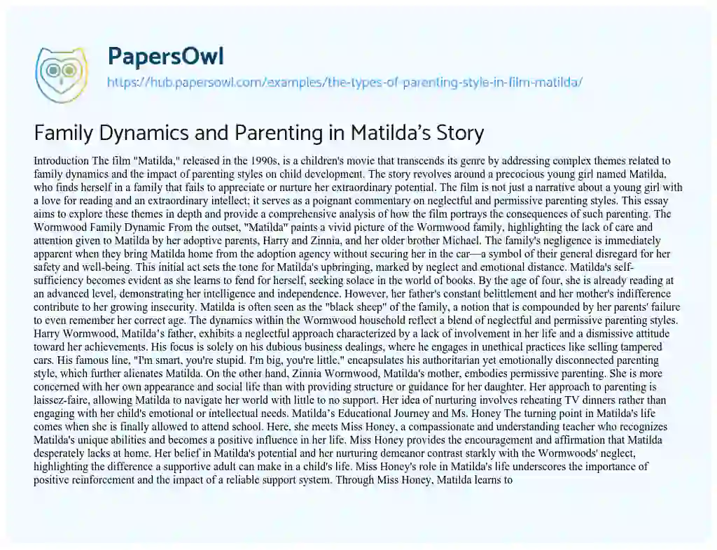 Essay on Family Dynamics and Parenting in Matilda’s Story