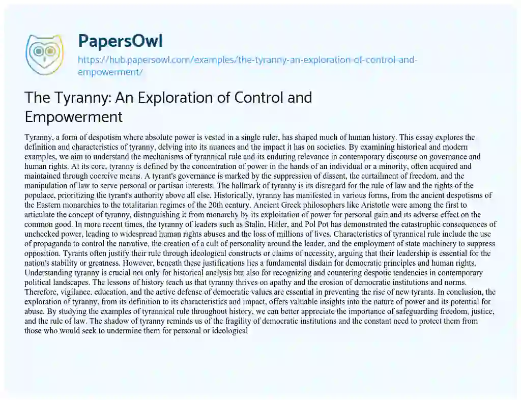 Essay on The Tyranny: An Exploration of Control and Empowerment