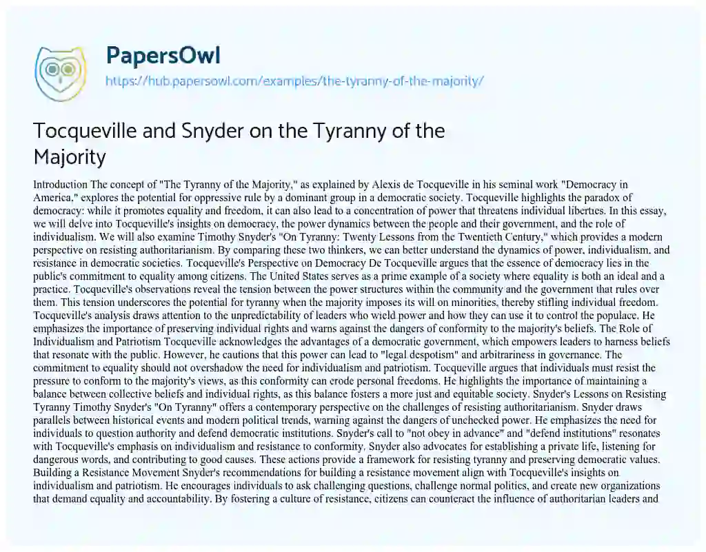 Essay on Tocqueville and Snyder on the Tyranny of the Majority
