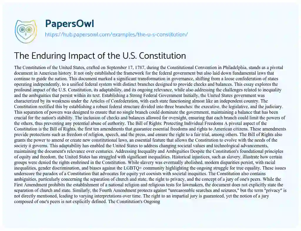 Essay on The Enduring Impact of the U.S. Constitution