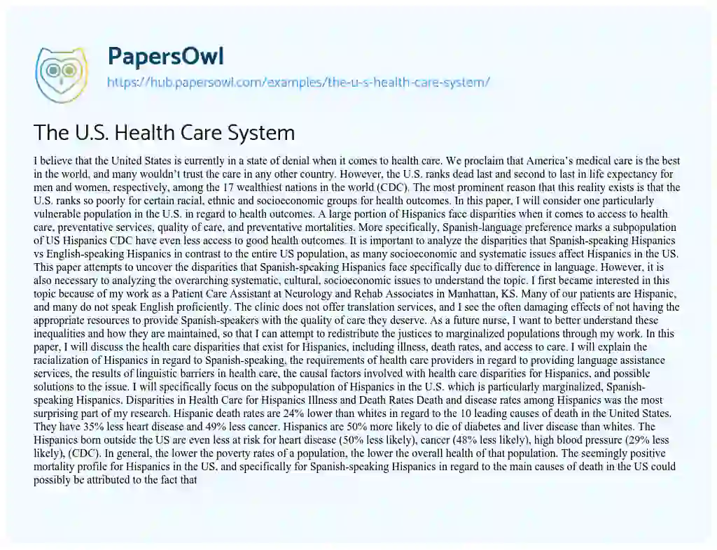 Essay on The U.S. Health Care System