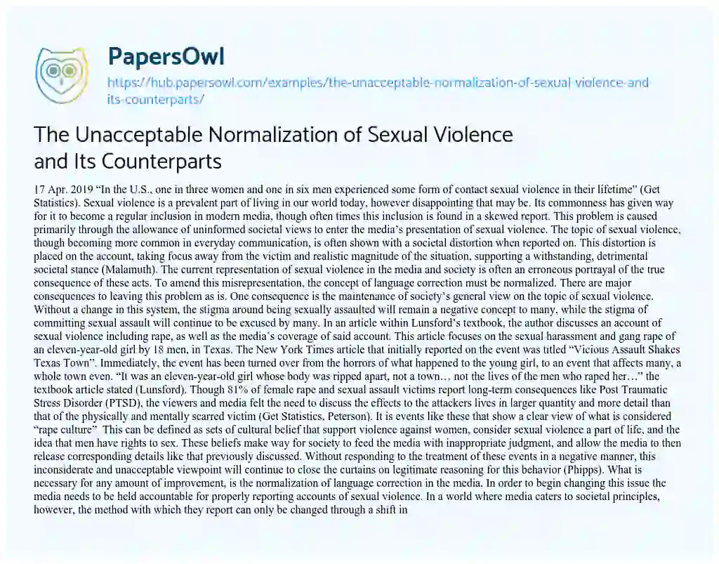 Essay on The Unacceptable Normalization of Sexual Violence and Its Counterparts