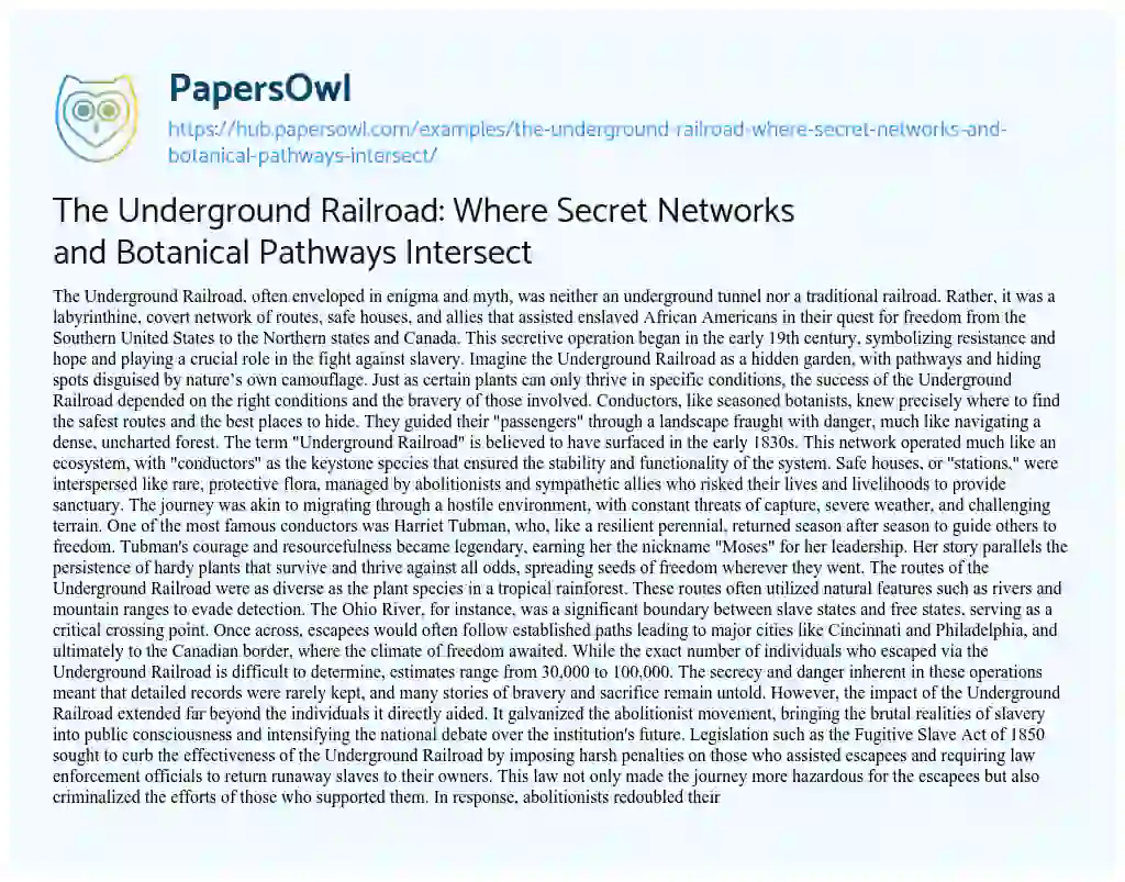 Essay on The Underground Railroad: Where Secret Networks and Botanical Pathways Intersect