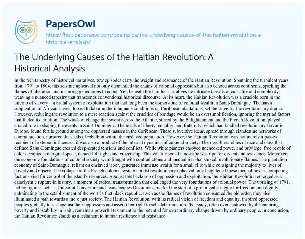 Essay on The Underlying Causes of the Haitian Revolution: A Historical Analysis