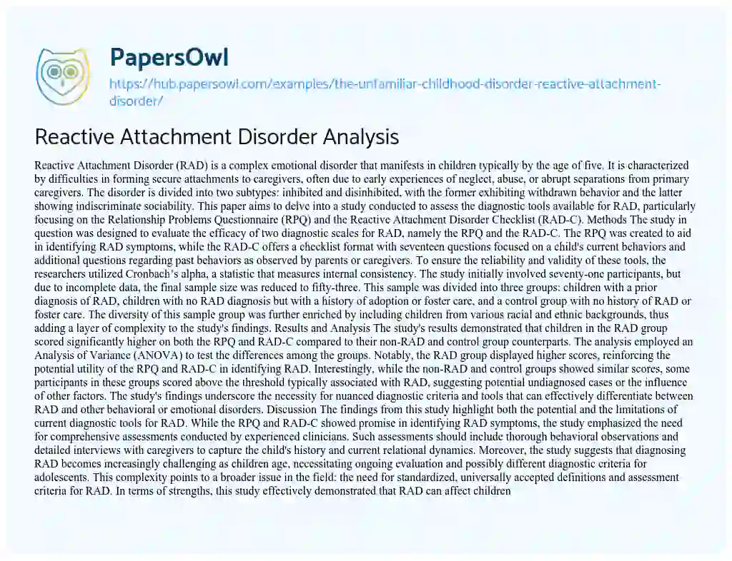 Essay on Reactive Attachment Disorder Analysis