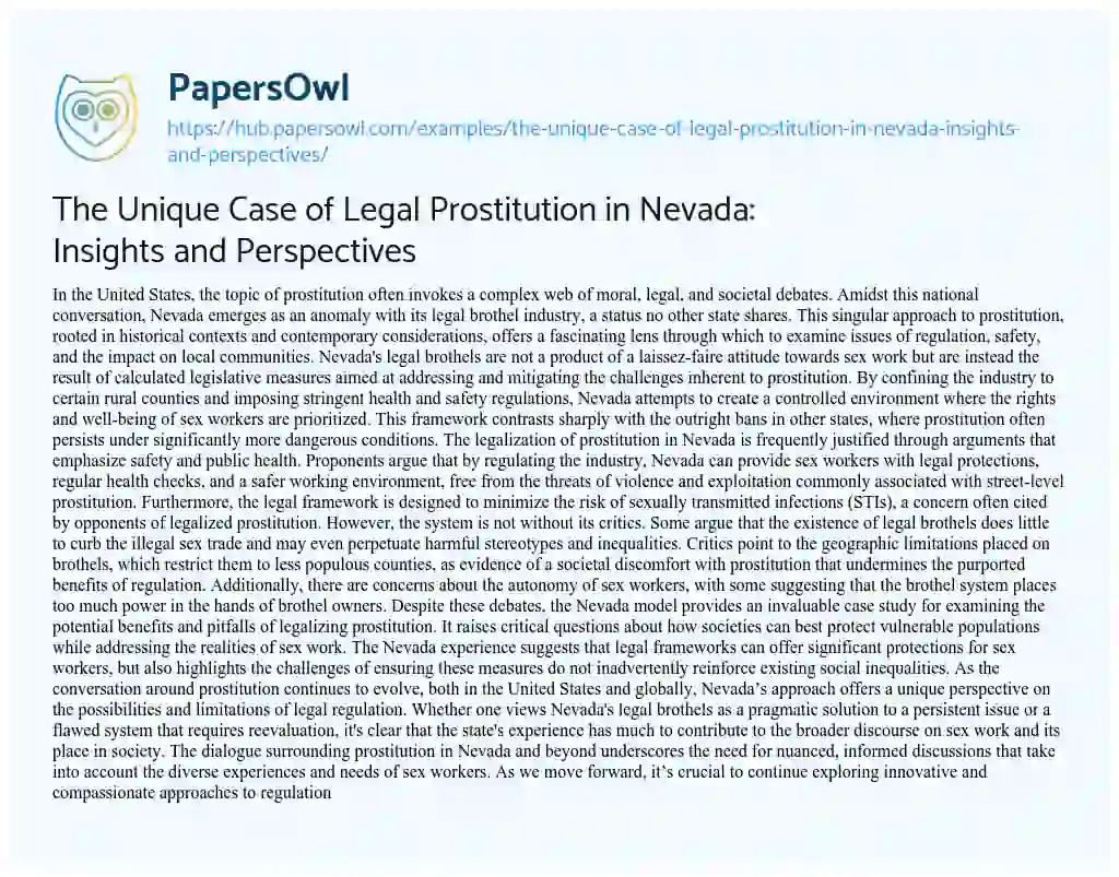 Essay on The Unique Case of Legal Prostitution in Nevada: Insights and Perspectives