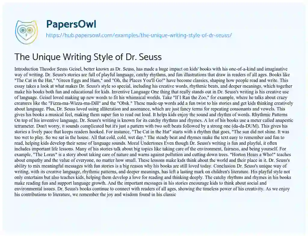 Essay on The Unique Writing Style of Dr. Seuss