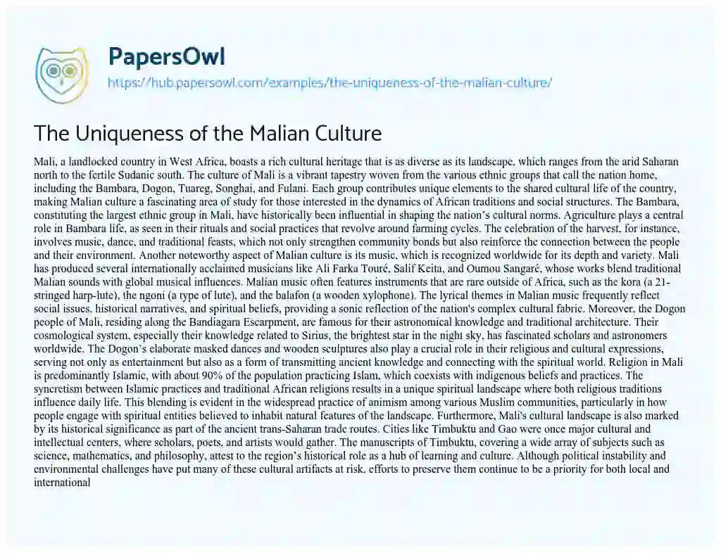 Essay on The Uniqueness of the Malian Culture