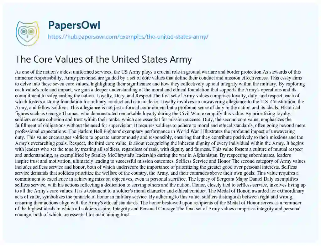 Essay on The Core Values of the United States Army