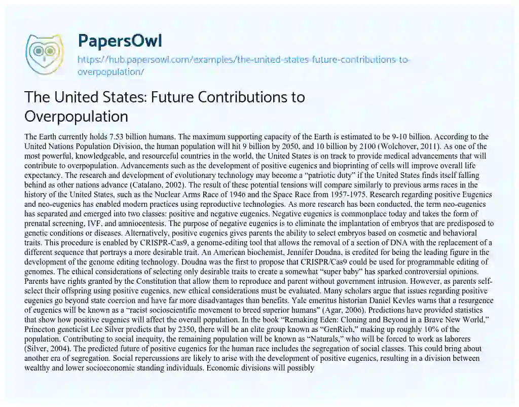 Essay on The United States: Future Contributions to Overpopulation