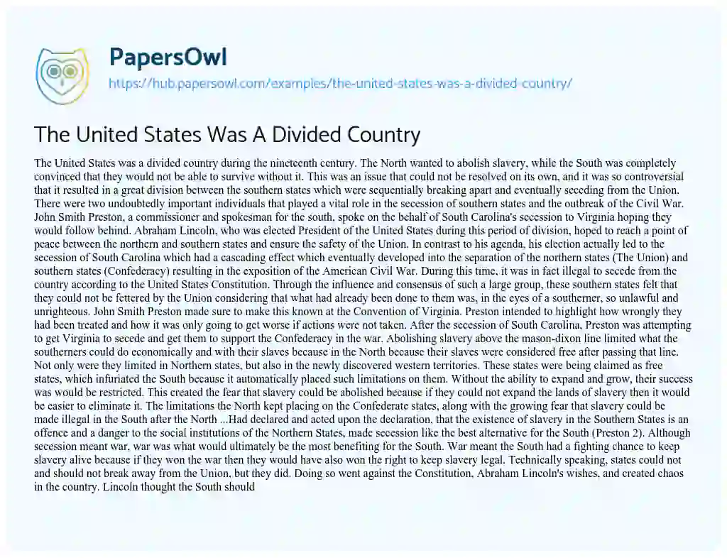 Essay on The United States Was A Divided Country