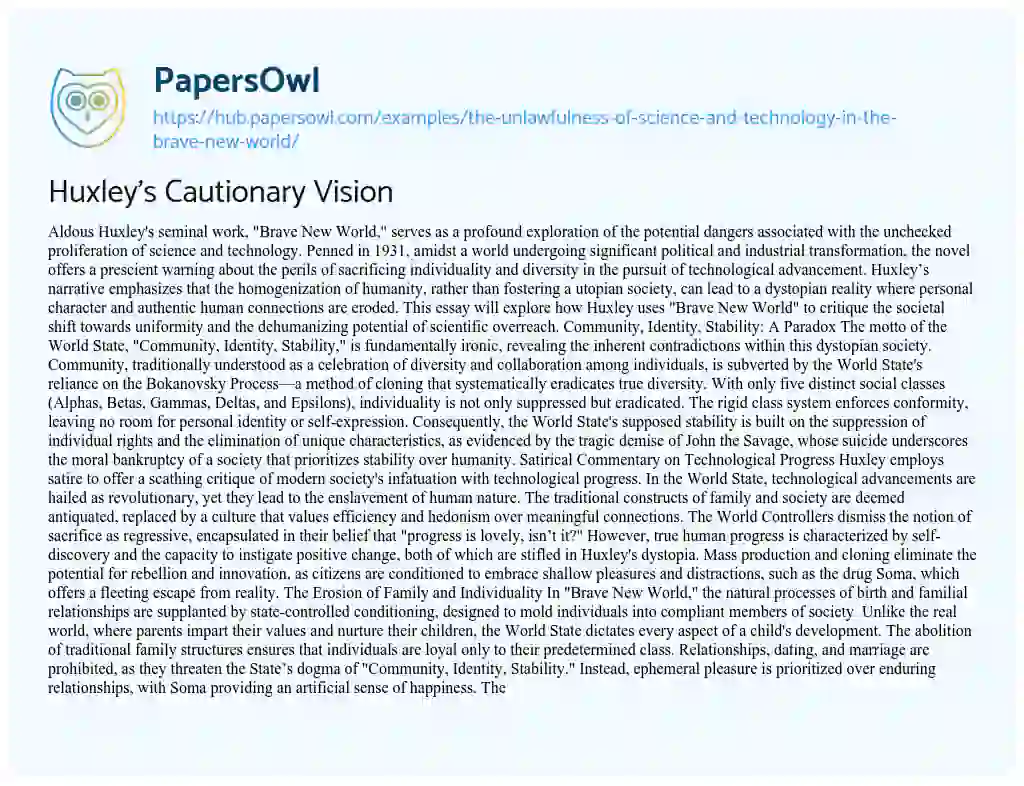 Essay on Huxley’s Cautionary Vision