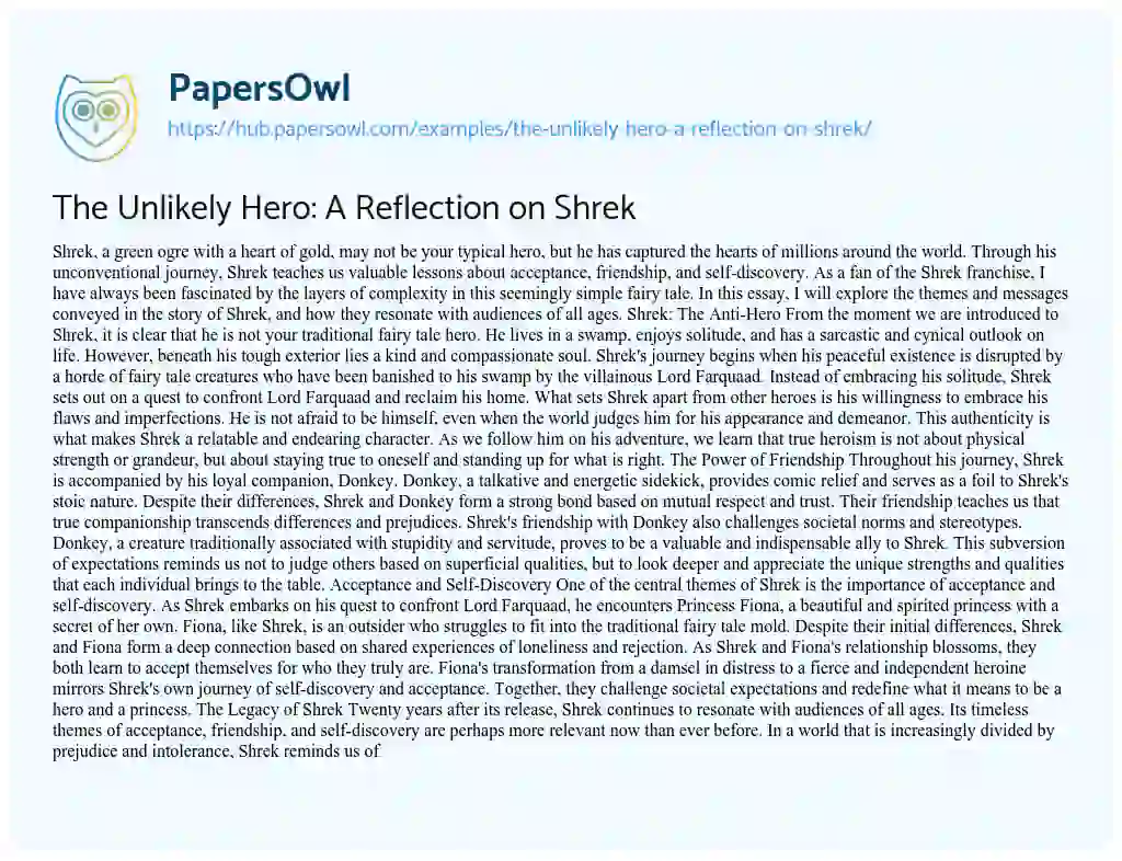 Essay on The Unlikely Hero: A Reflection on Shrek