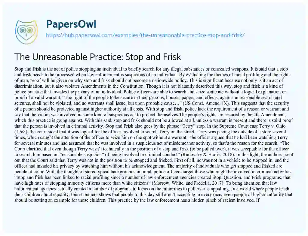 Essay on The Unreasonable Practice: Stop and Frisk