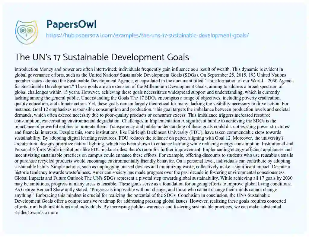 Essay on The UN’s 17 Sustainable Development Goals