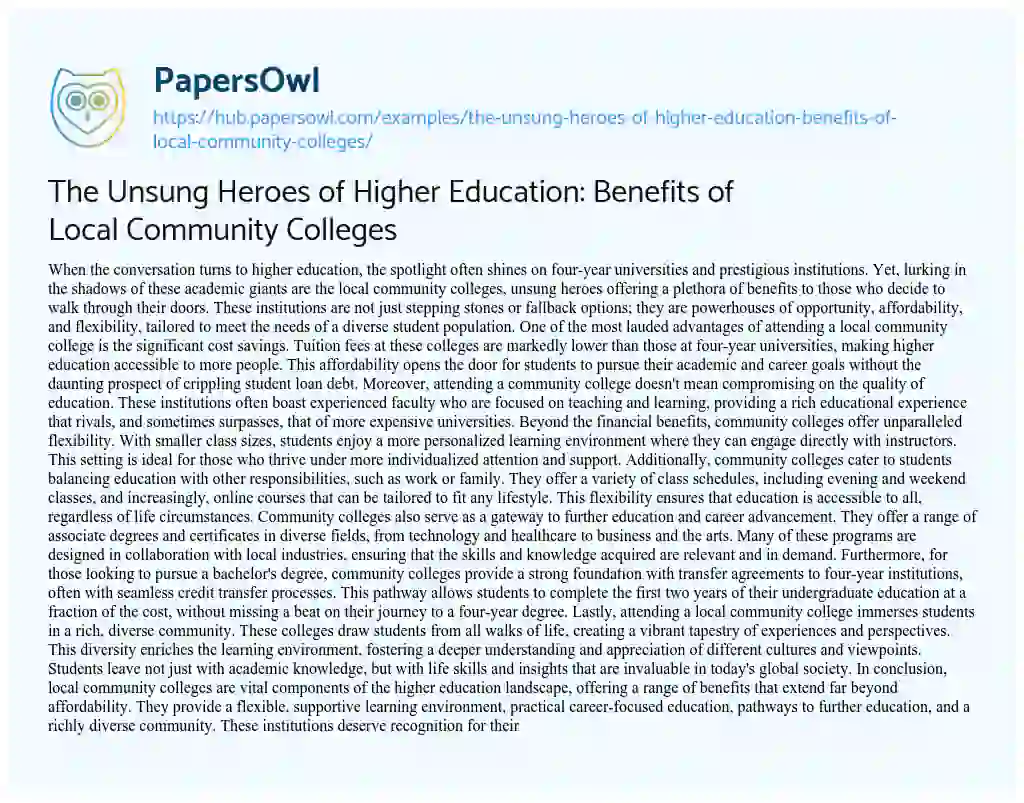 Essay on The Unsung Heroes of Higher Education: Benefits of Local Community Colleges