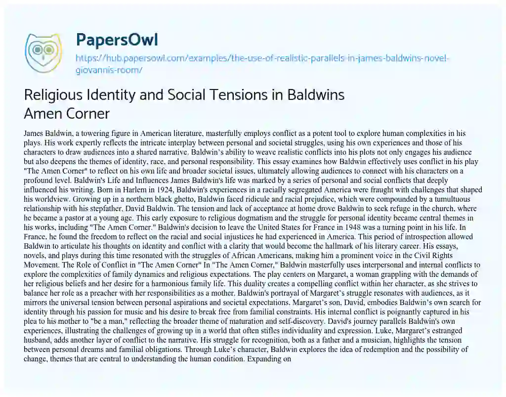 Essay on Religious Identity and Social Tensions in Baldwins Amen Corner
