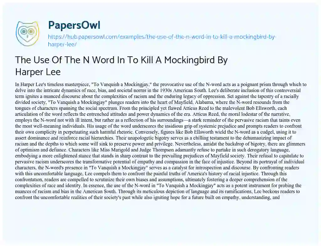 Essay on The Use Of The N Word In To Kill A Mockingbird By Harper Lee