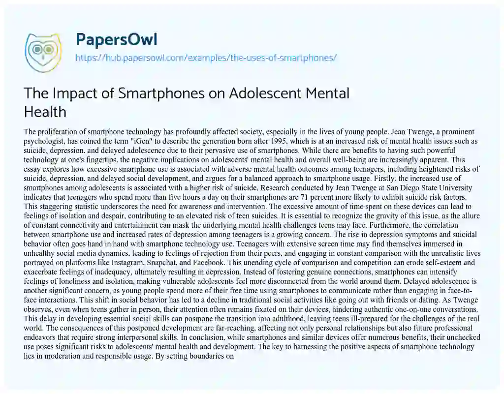Essay on The Impact of Smartphones on Adolescent Mental Health